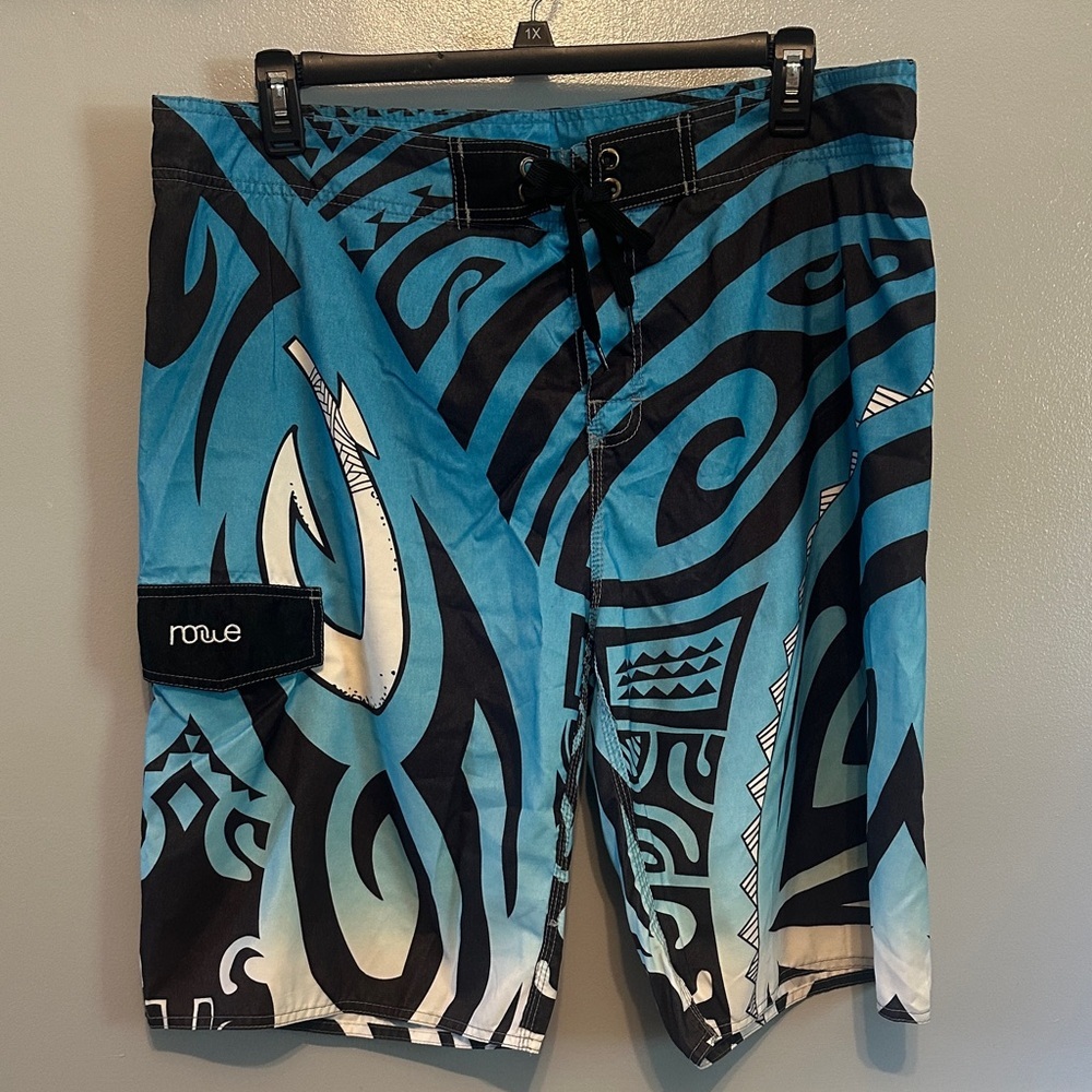 Rogue Men's Aqua and Black Tribal Board Shorts